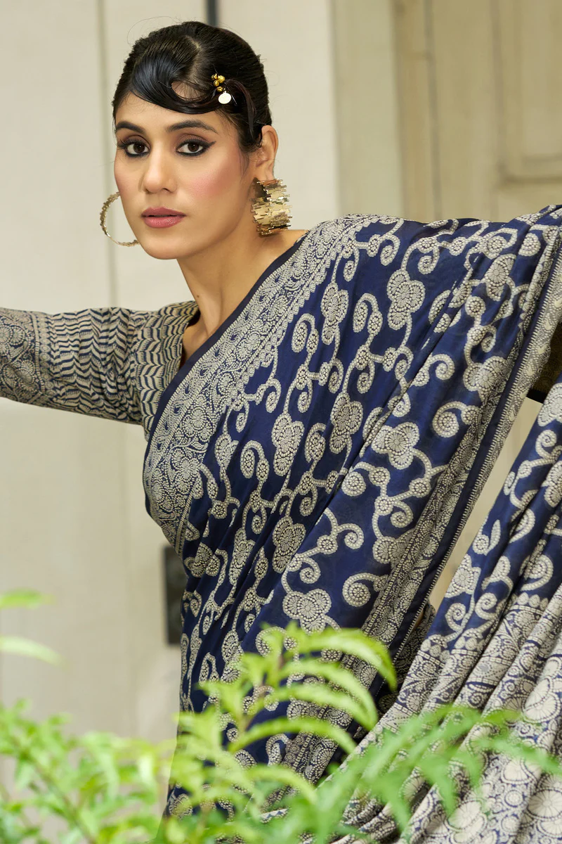 Lustrous Navy Blue Lucknowi Silk Saree With Ideal Blouse Piece - Image 2