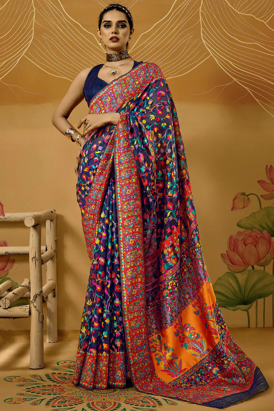 Lustrous Navy Blue Pashmina Saree With Sempiternal Blouse Piece