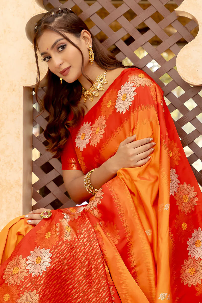Lustrous Orange Soft Banarasi Silk Saree With Dulcet Blouse Piece - Image 2