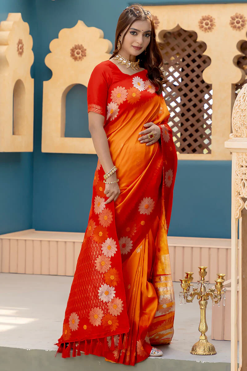 Lustrous Orange Soft Banarasi Silk Saree With Dulcet Blouse Piece - Image 3
