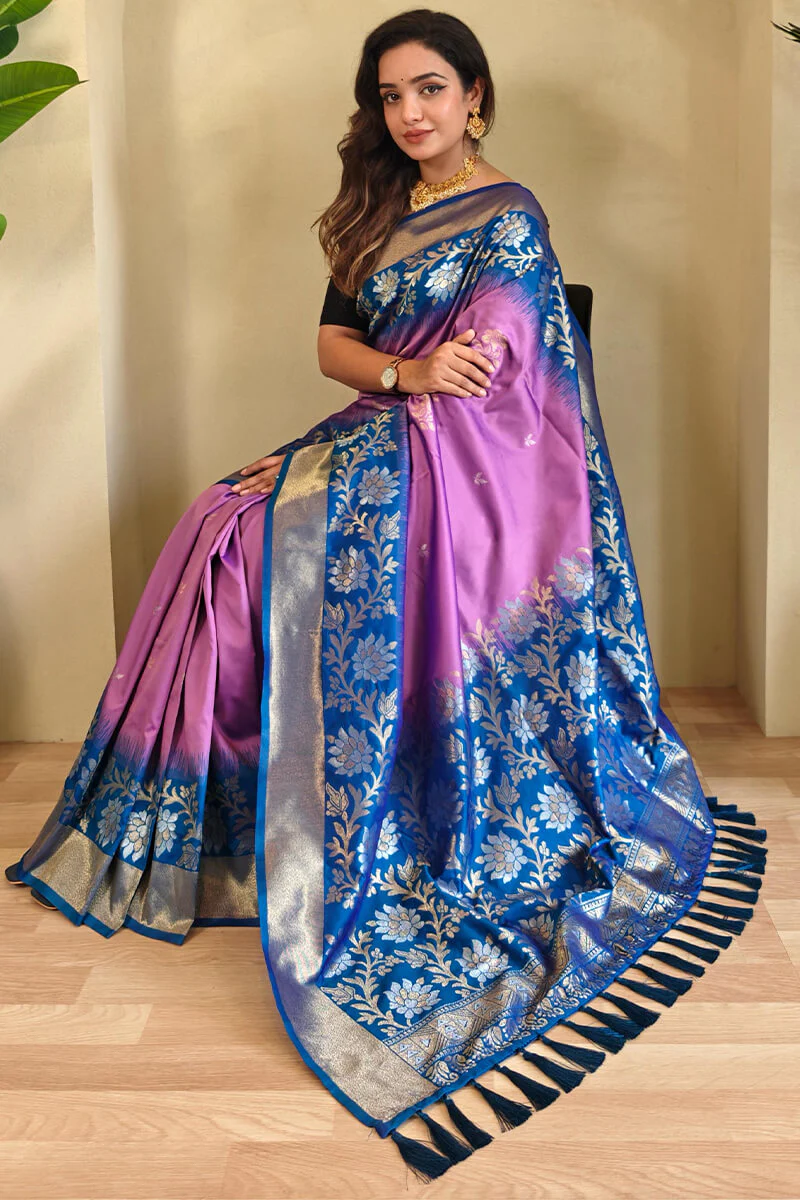 Lustrous Pink Soft Banarasi Silk Saree With Enticing Blouse Piece - Image 2