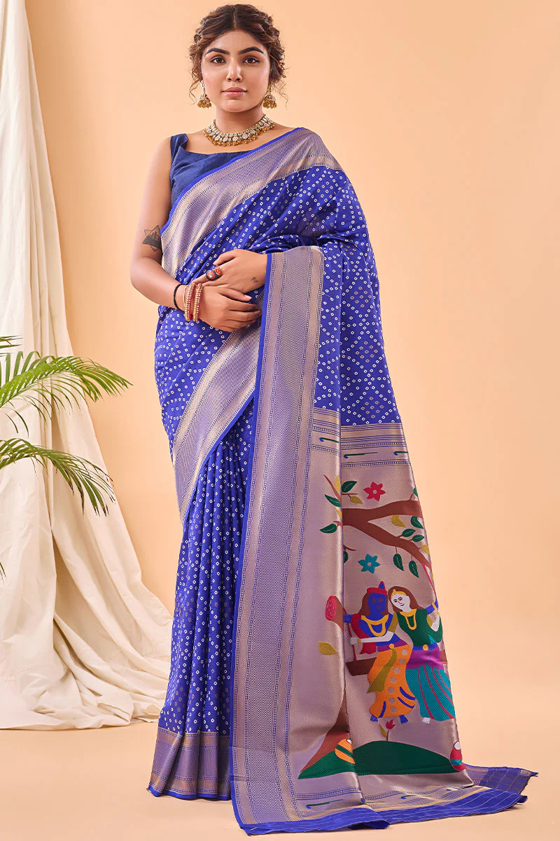 Lustrous Royal Blue Paithani Silk Saree With Traditional Blouse Piece
