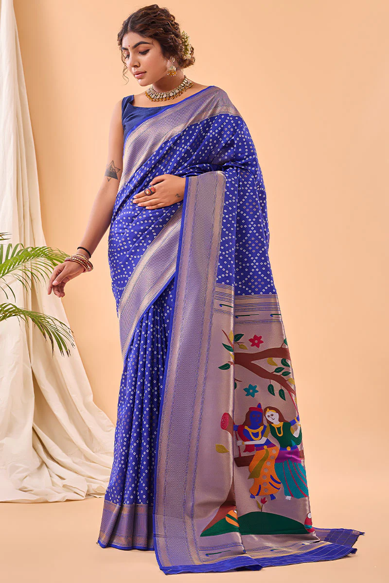 Lustrous Royal Blue Paithani Silk Saree With Traditional Blouse Piece - Image 2