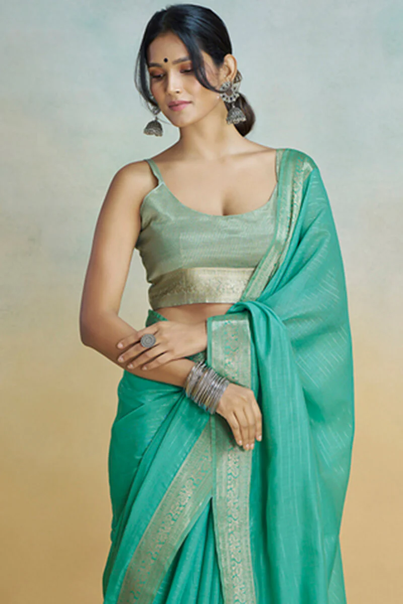 Lustrous Sea Green Cotton Silk Saree With Proficient Blouse Piece - Image 2
