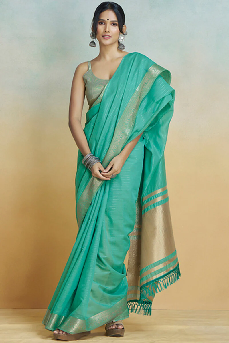 Lustrous Sea Green Cotton Silk Saree With Proficient Blouse Piece - Image 3