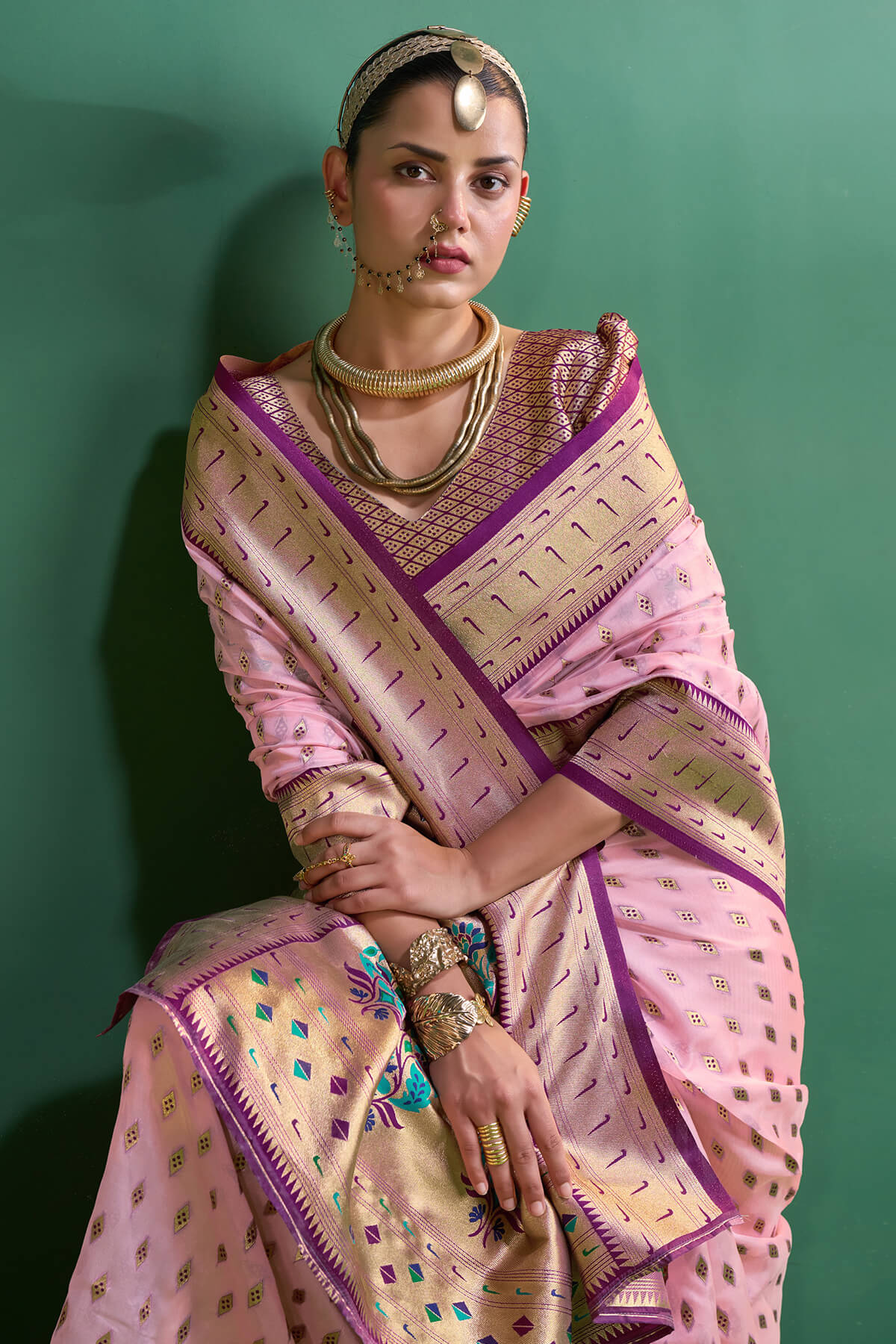 Luxuriant Baby Pink Organza Paithani Silk Saree With Traditional Blouse Piece - Image 2