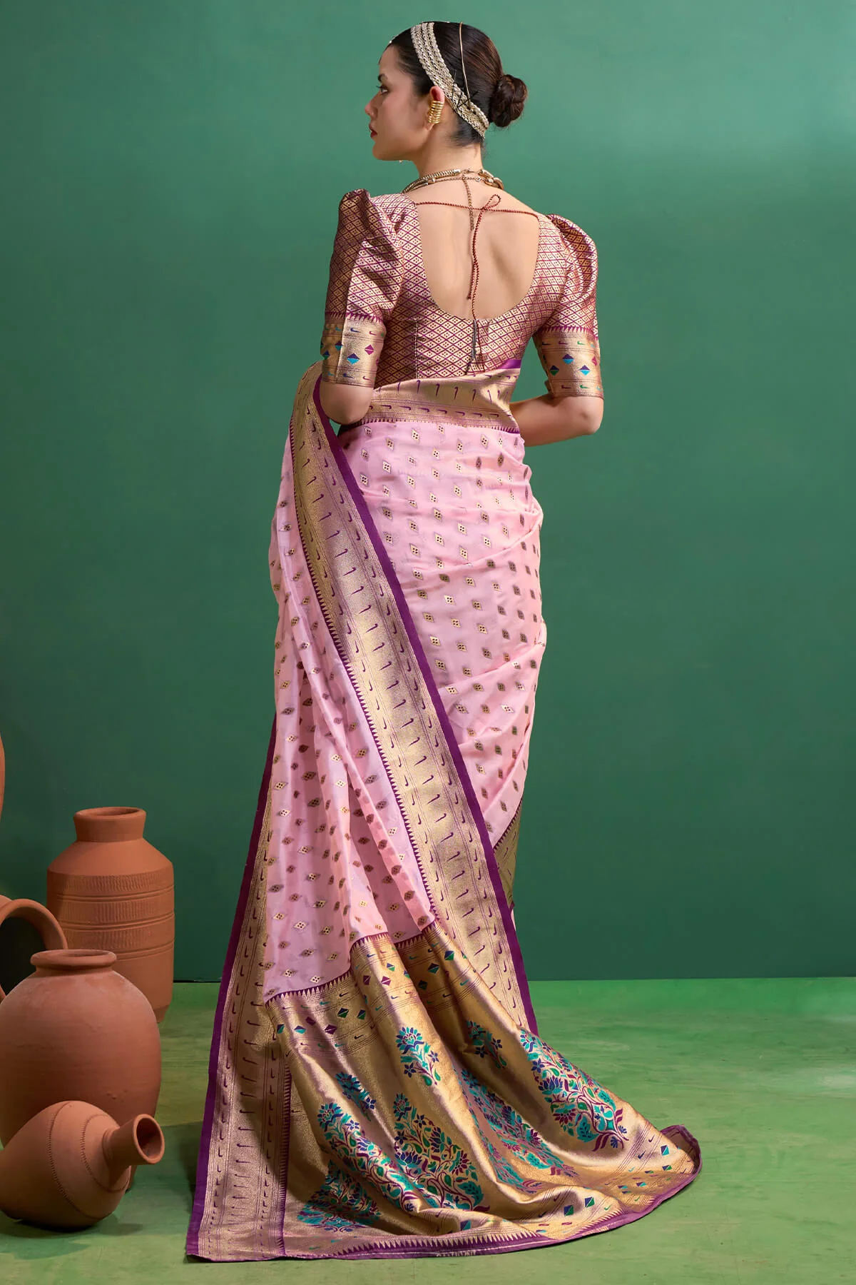 Luxuriant Baby Pink Organza Paithani Silk Saree With Traditional Blouse Piece - Image 6