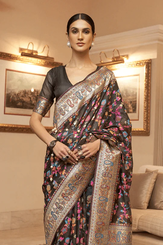 Luxuriant Black Pashmina saree With Artistic Blouse Piece - Image 3