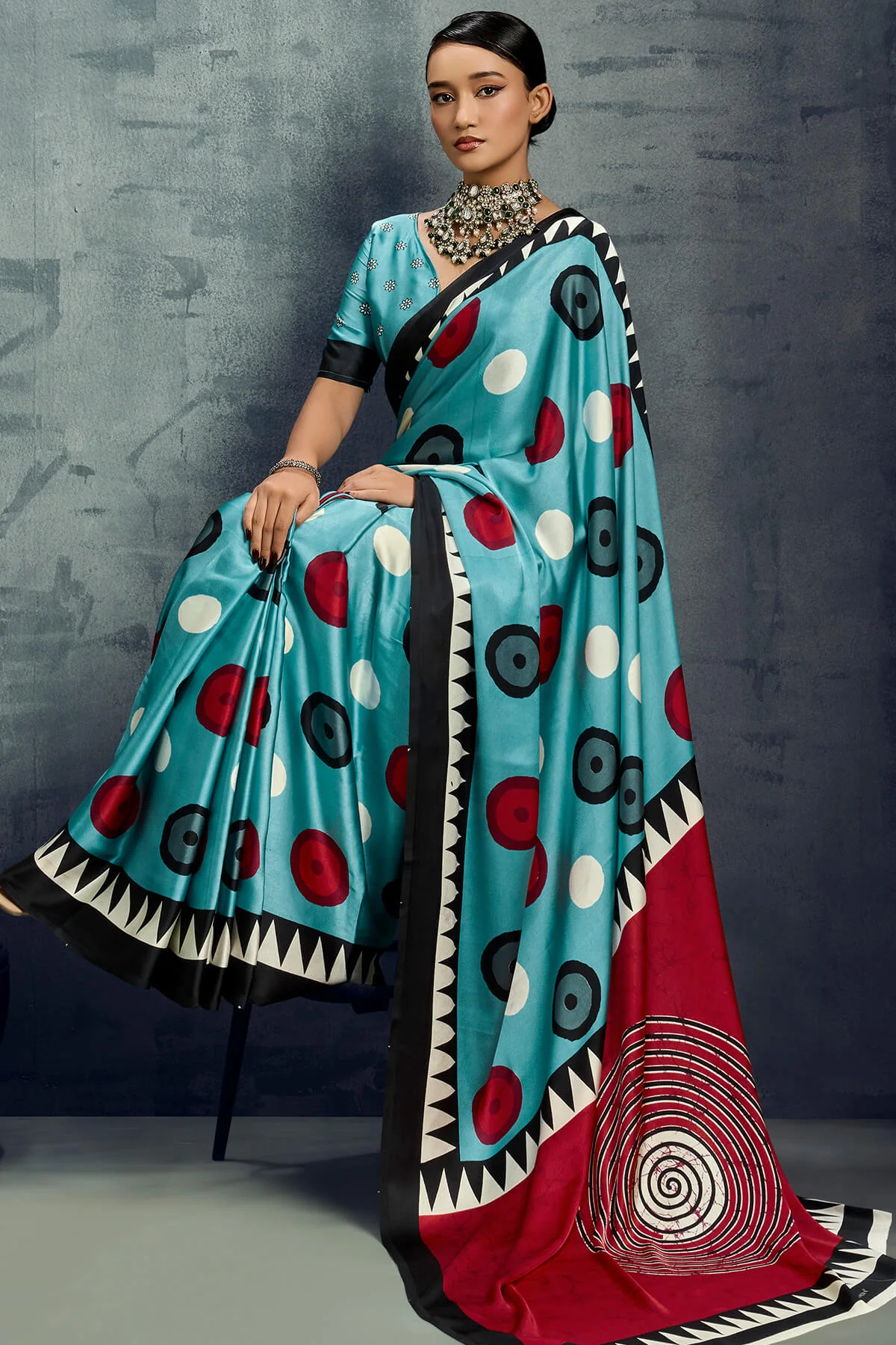 Luxuriant Firozi Ajrakh Printed Satin Silk Saree With Dalliance Blouse Piece - Image 3