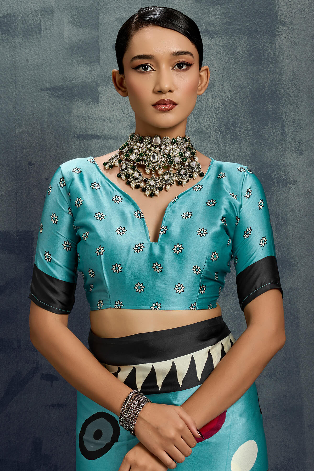 Luxuriant Firozi Ajrakh Printed Satin Silk Saree With Dalliance Blouse Piece - Image 4