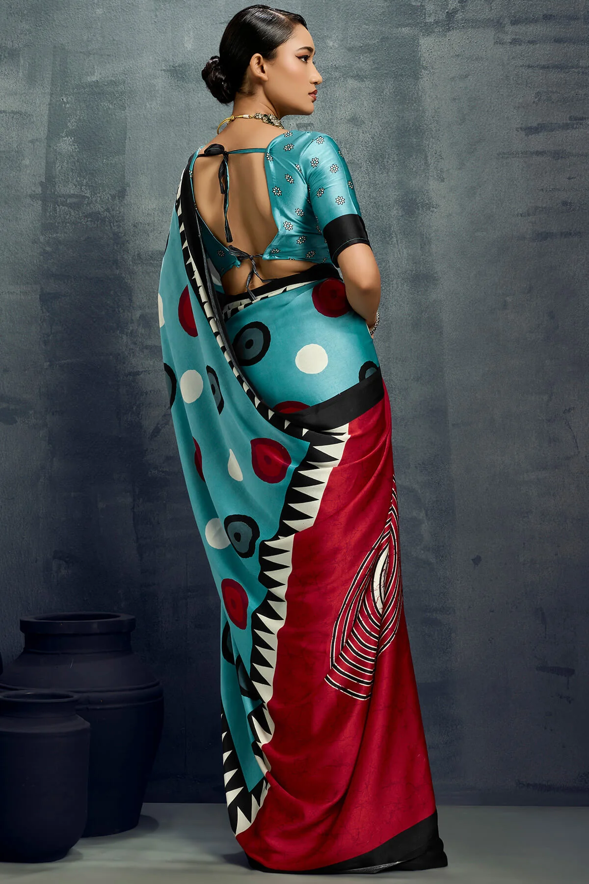 Luxuriant Firozi Ajrakh Printed Satin Silk Saree With Dalliance Blouse Piece - Image 5