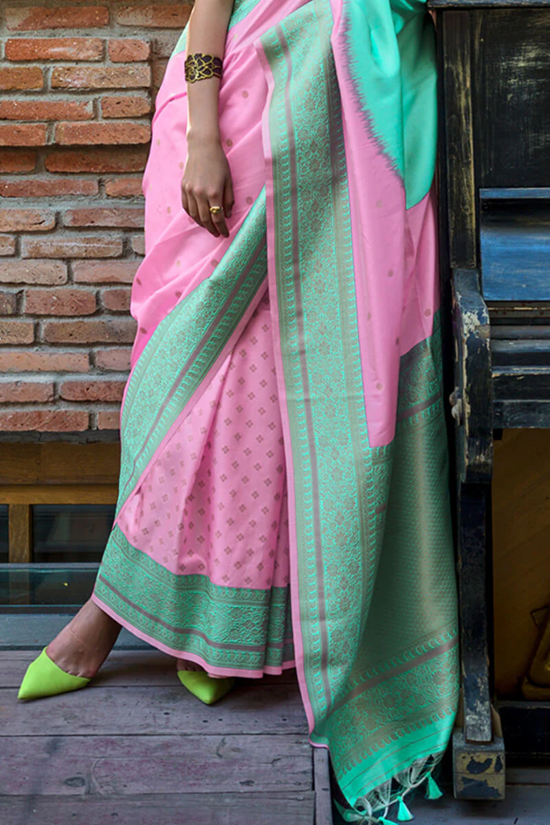 Luxuriant Firozi Soft Banarasi Silk Saree With Incomparable Blouse Piece - Image 3