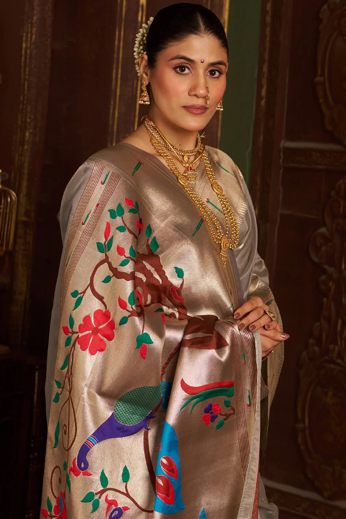 Luxuriant Grey Organza Paithani Silk Saree With Intricate Blouse Piece - Image 2
