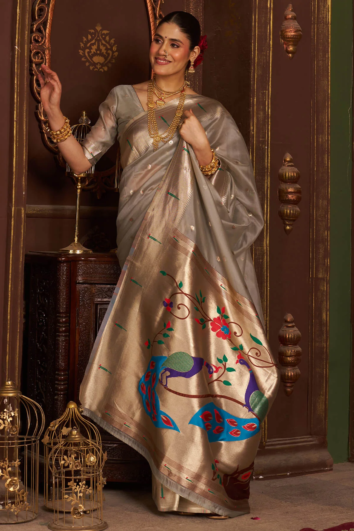 Luxuriant Grey Organza Paithani Silk Saree With Intricate Blouse Piece - Image 3