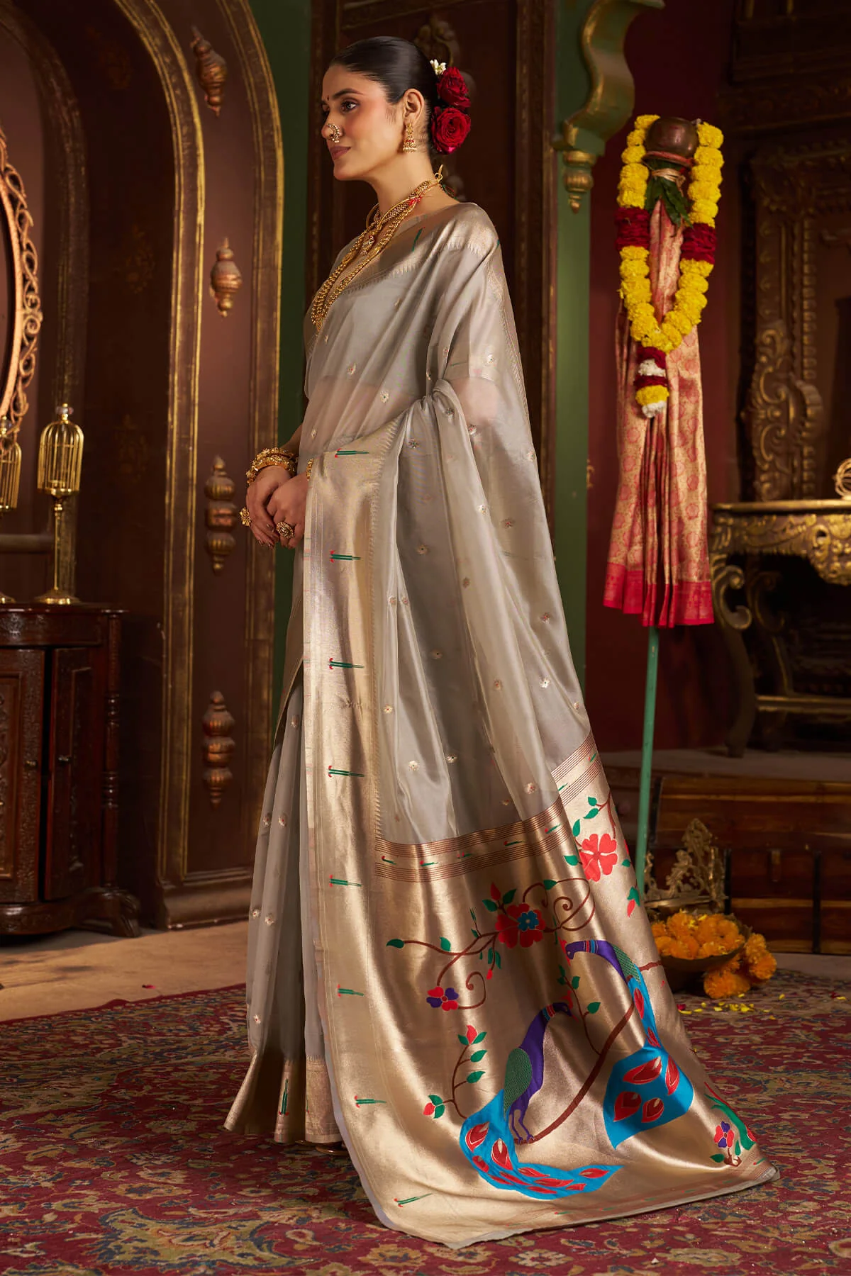 Luxuriant Grey Organza Paithani Silk Saree With Intricate Blouse Piece - Image 5