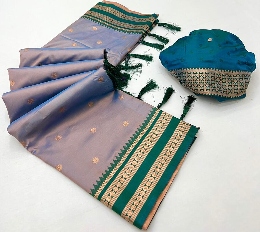 Luxuriant Grey Soft Banarasi Silk Saree With Excellent Blouse Piece - Image 2