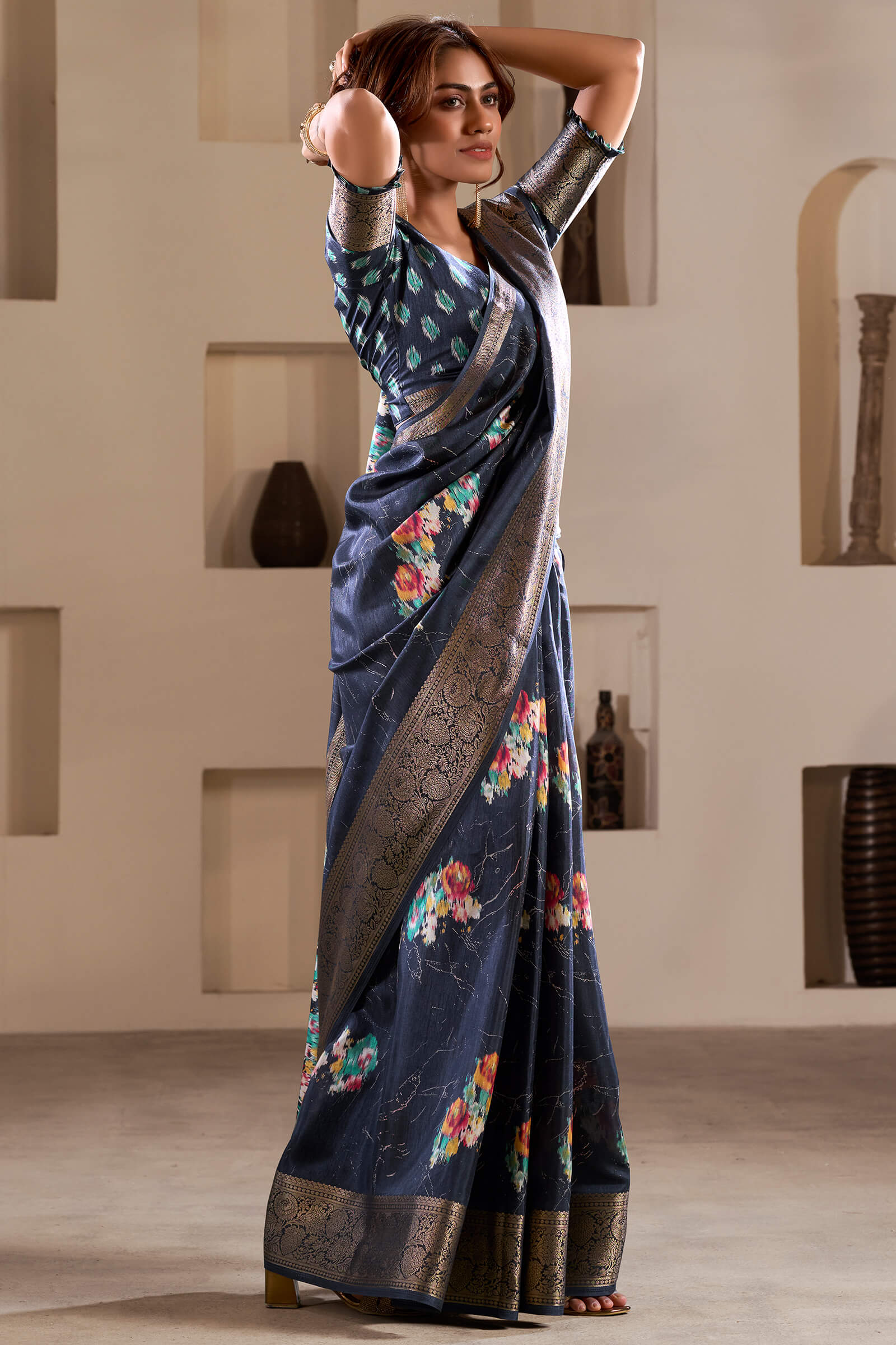 Luxuriant Navy Blue Digital Printed Dola Silk Saree With Desultory Blouse Piece - Image 3