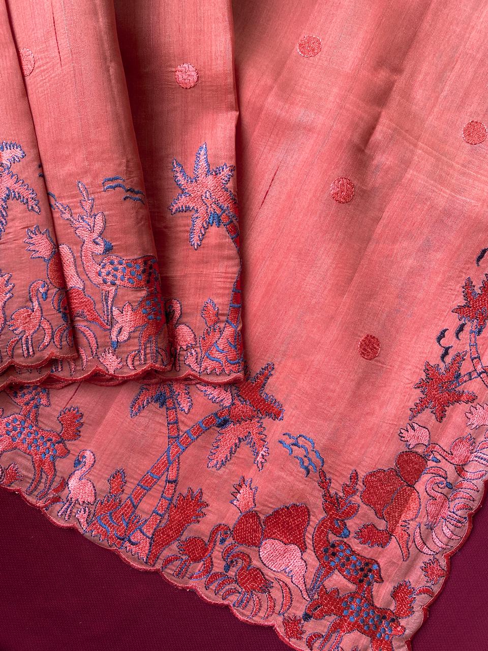 Luxuriant Peach Embroidery Work Tussar Silk Saree With Wonderful Blouse Piece - Image 2