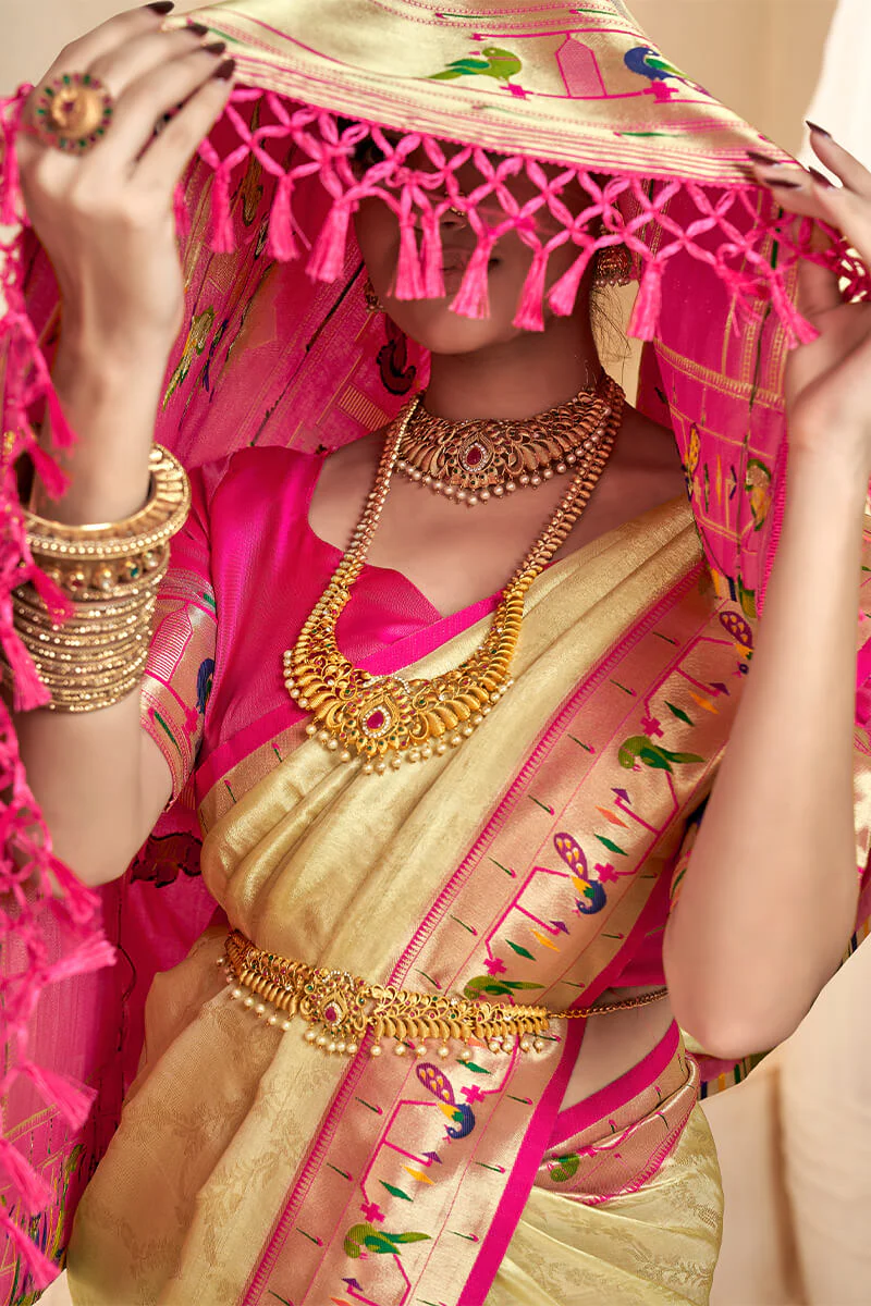 Magnetic Beige Paithani Silk Saree With Luminous Blouse Piece - Image 2