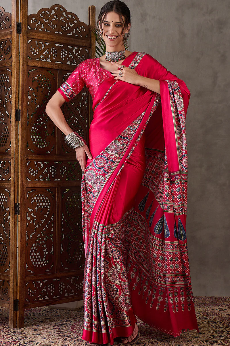 Magnetic Dark Pink Ajrakh Printed Semi Modal Silk Saree With Classy Blouse Piece