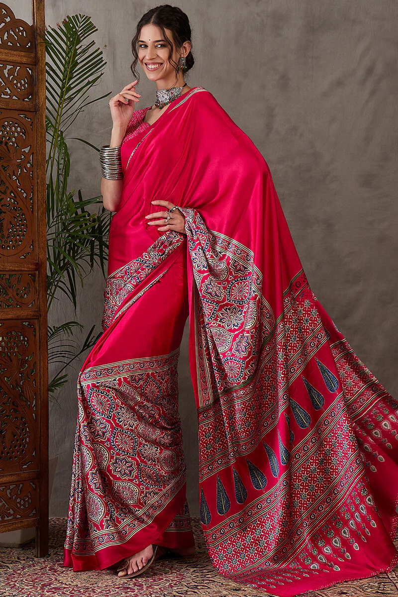 Magnetic Dark Pink Ajrakh Printed Semi Modal Silk Saree With Classy Blouse Piece - Image 3