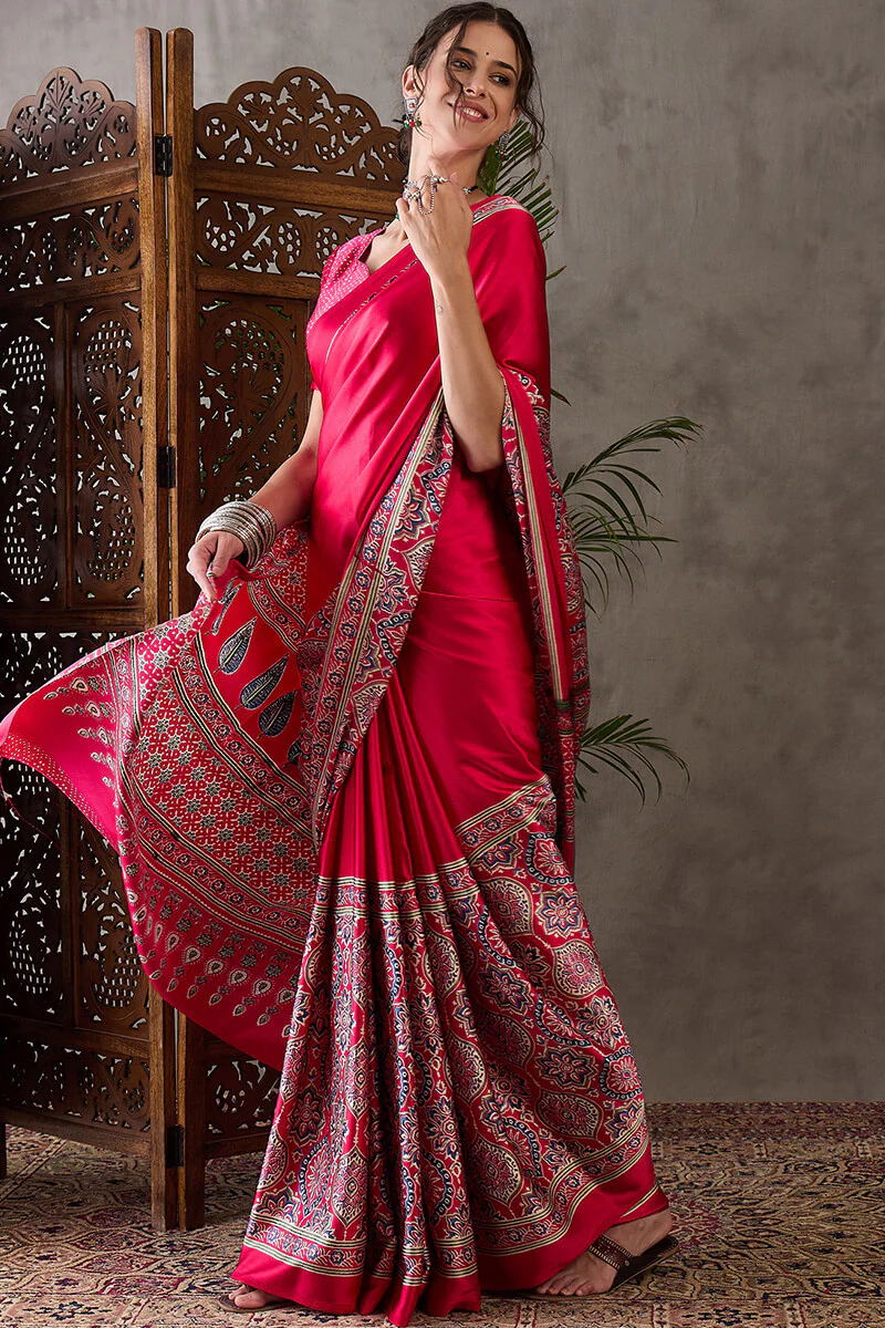 Magnetic Dark Pink Ajrakh Printed Semi Modal Silk Saree With Classy Blouse Piece - Image 5