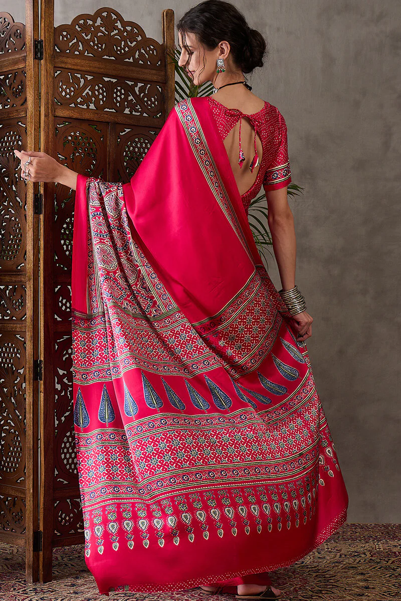 Magnetic Dark Pink Ajrakh Printed Semi Modal Silk Saree With Classy Blouse Piece - Image 7
