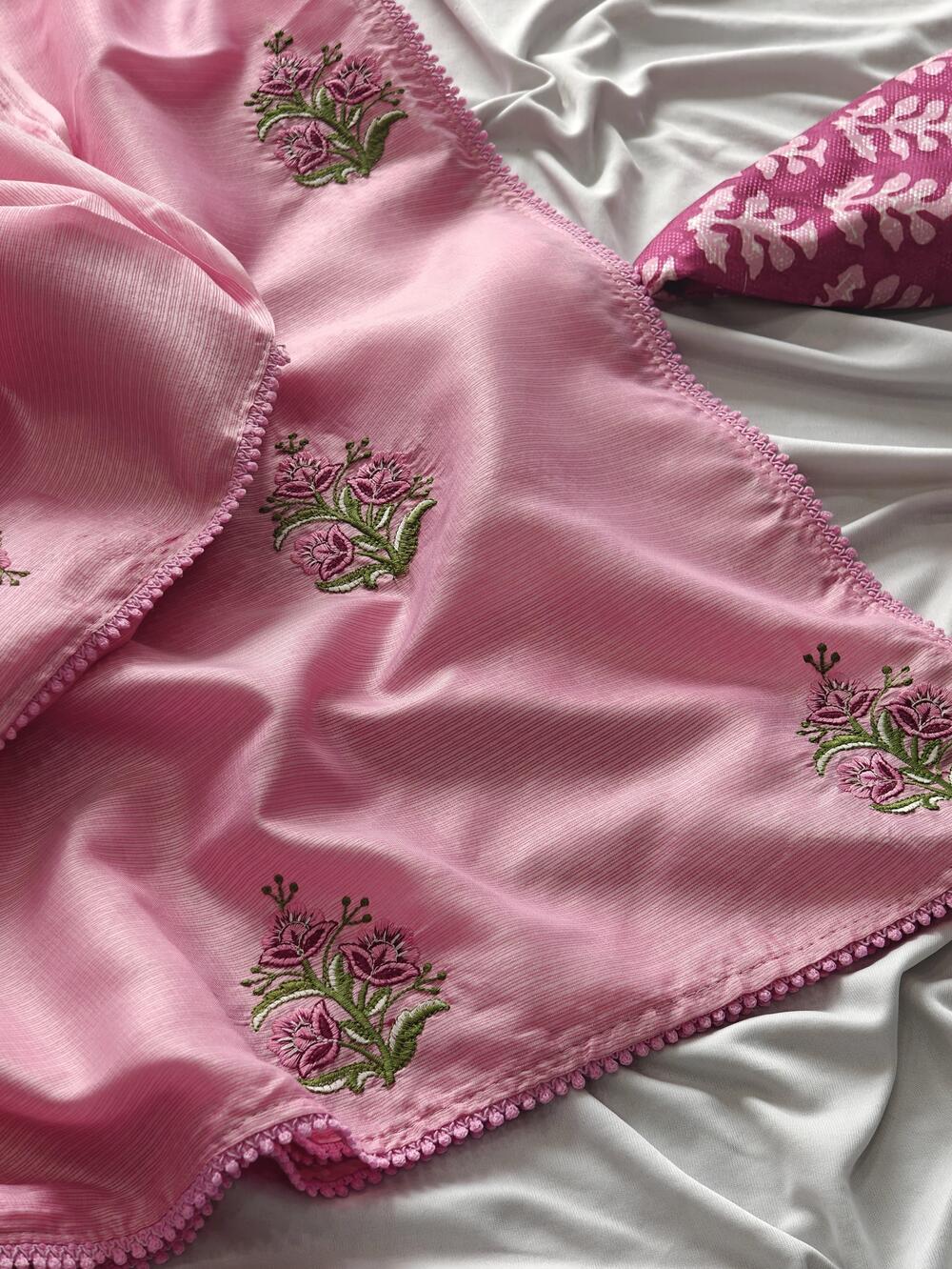 Magnetic Pink Embroidery Work Kota Doriya Silk Saree With Classy Blouse Piece - Image 3