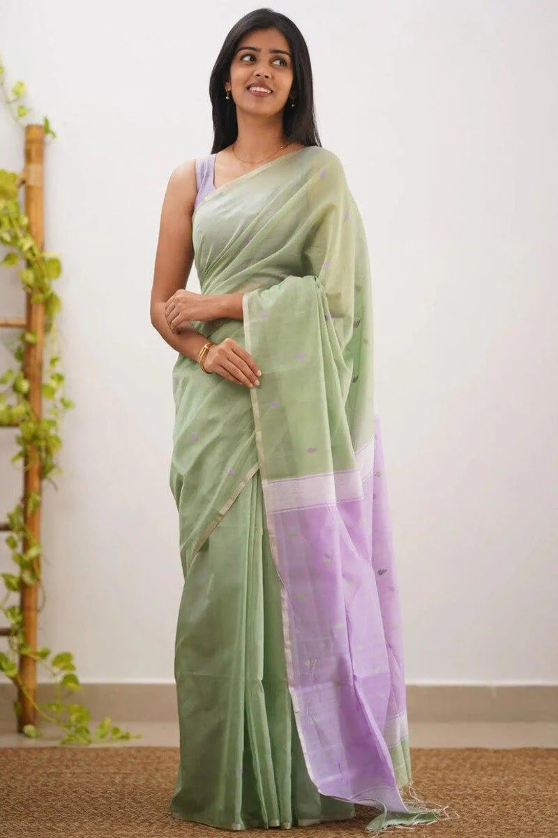 Magnetic Pista Cotton Silk Saree With Beleaguer Blouse Piece - Image 3