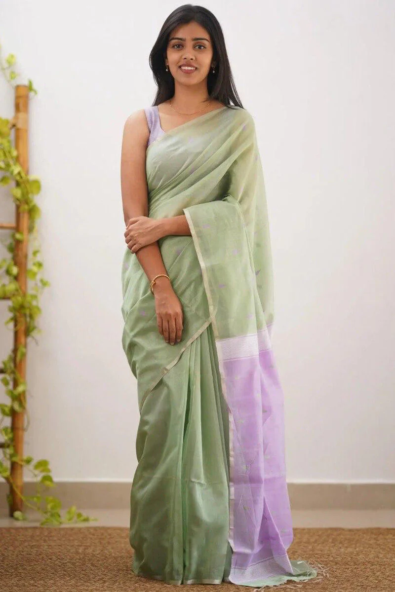 Magnetic Pista Cotton Silk Saree With Beleaguer Blouse Piece - Image 5
