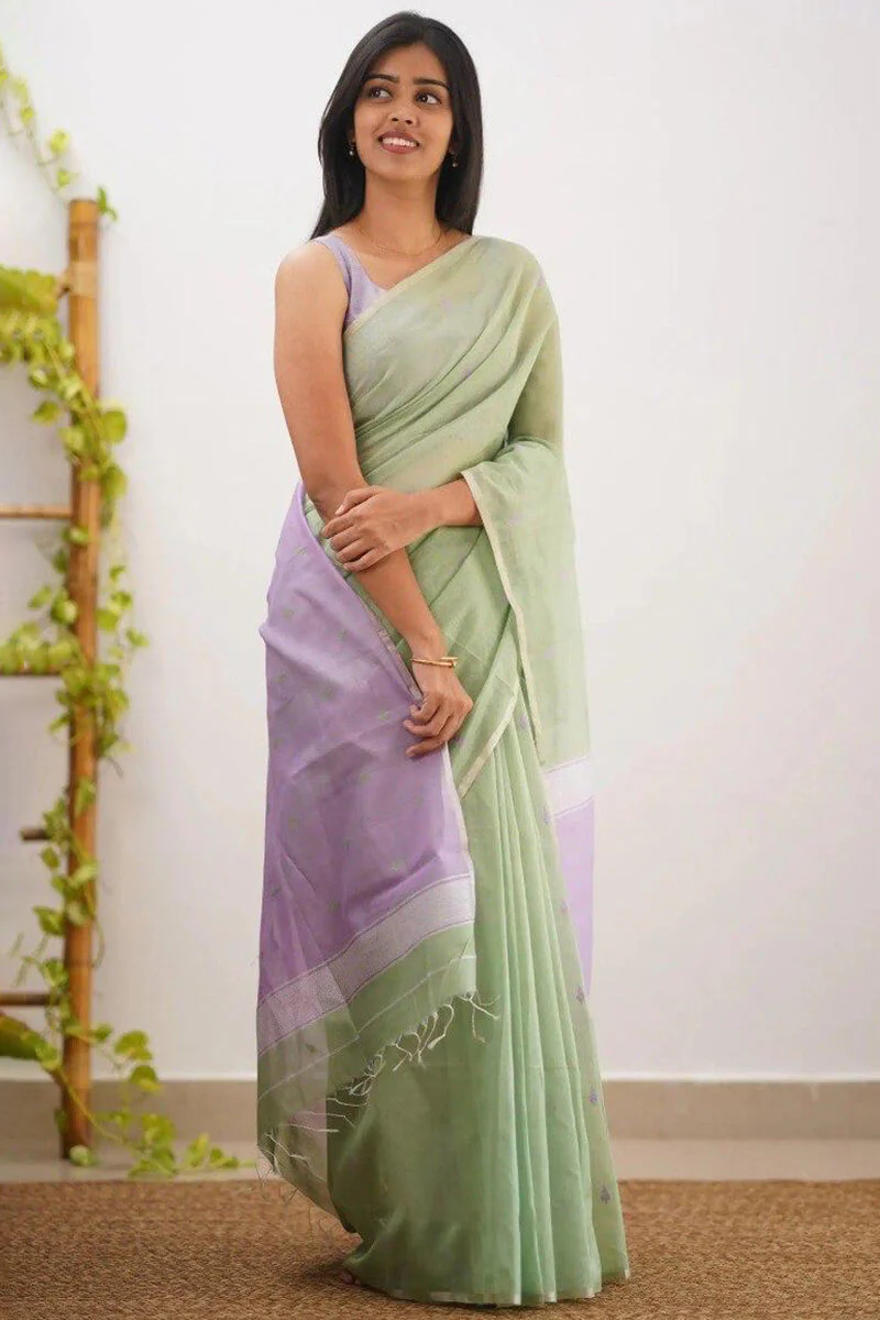 Magnetic Pista Cotton Silk Saree With Beleaguer Blouse Piece - Image 6