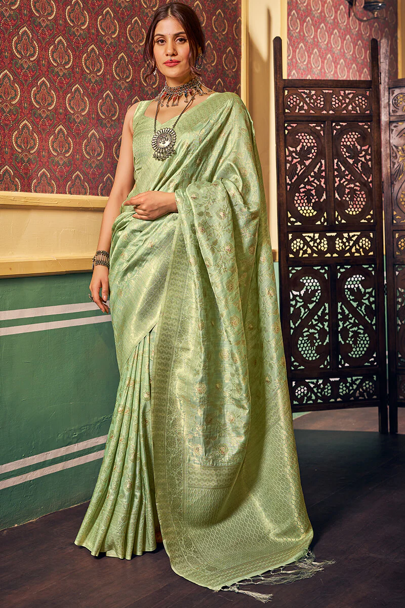 Magnetic Pista Soft Banarasi Silk Saree With Propinquity Blouse Piece