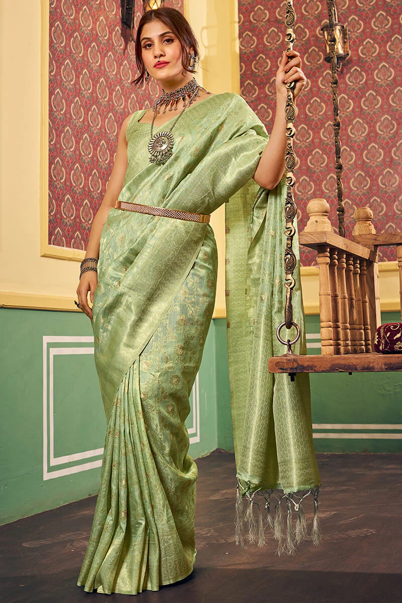 Magnetic Pista Soft Banarasi Silk Saree With Propinquity Blouse Piece - Image 4