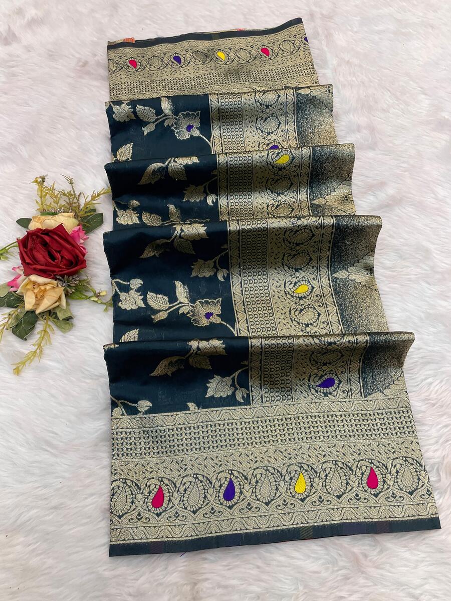 Magnetic Teal Blue Soft Banarasi Silk Saree With Petrichor Blouse Piece - Image 2