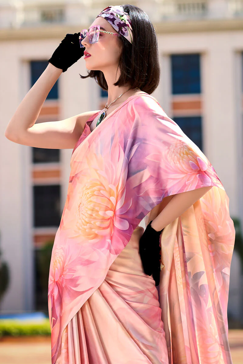 Magnificat Baby Pink Digital Printed Satin Silk Saree With Incredible Blouse Piece - Image 2