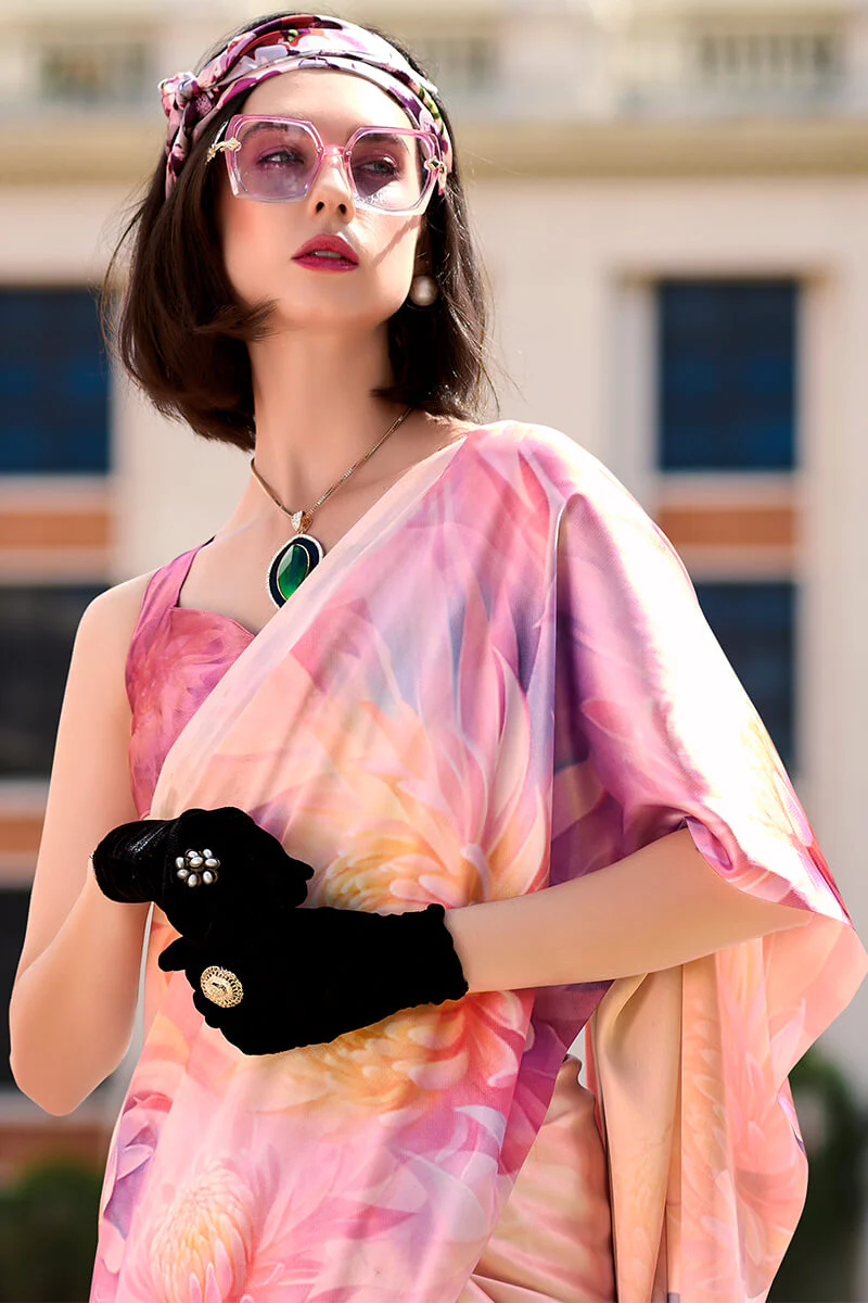 Magnificat Baby Pink Digital Printed Satin Silk Saree With Incredible Blouse Piece - Image 3