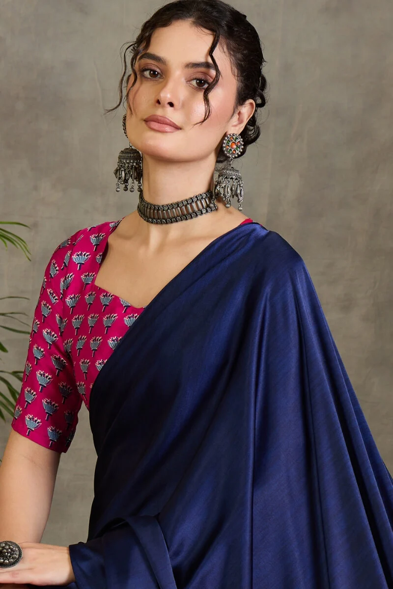 Magnificat Navy Blue Ajrakh Printed Semi Modal Silk Saree With Rhapsodic Blouse Piece - Image 2