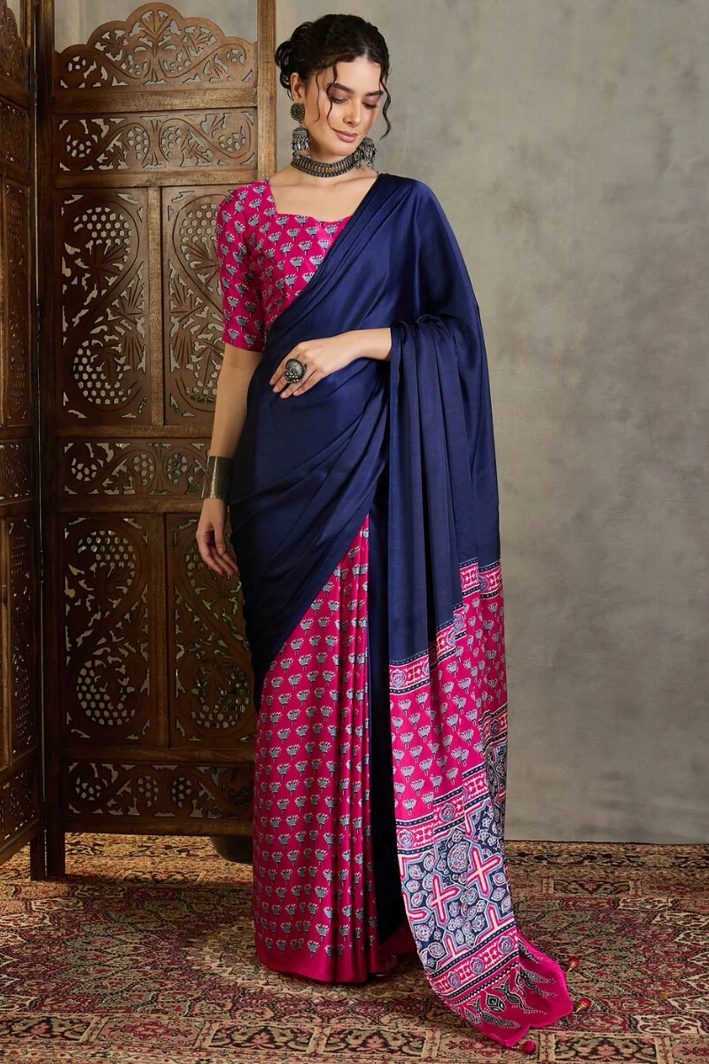 Magnificat Navy Blue Ajrakh Printed Semi Modal Silk Saree With Rhapsodic Blouse Piece - Image 3
