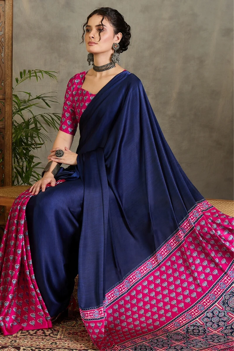 Magnificat Navy Blue Ajrakh Printed Semi Modal Silk Saree With Rhapsodic Blouse Piece - Image 4