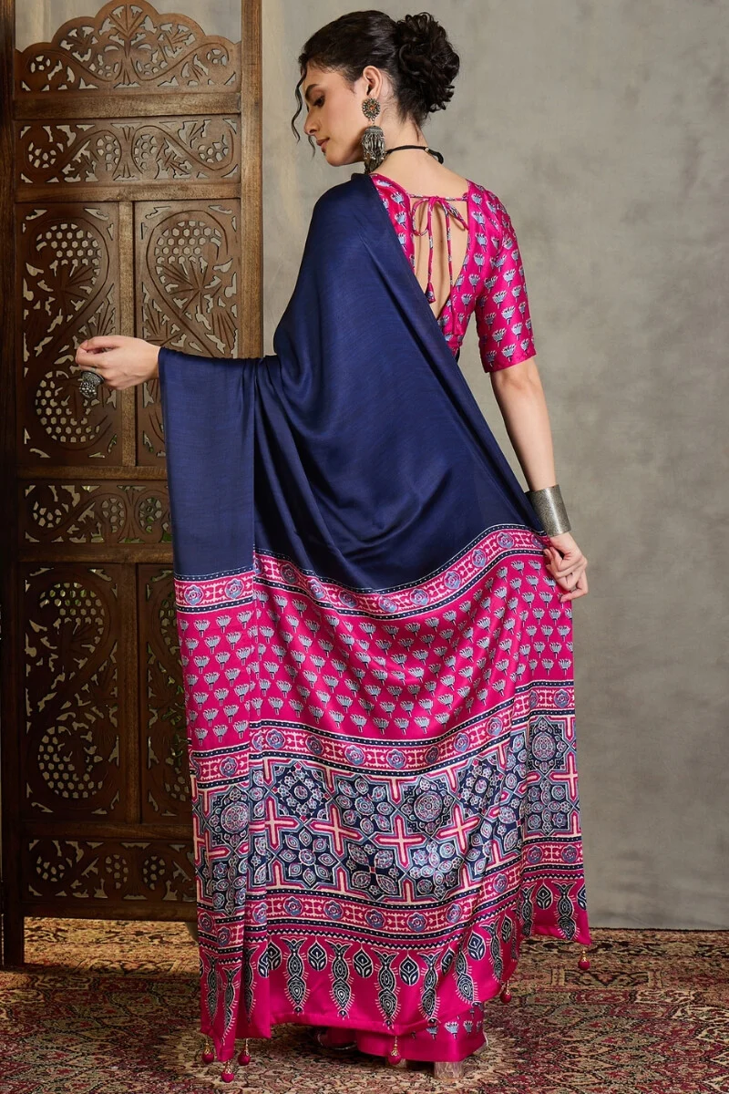 Magnificat Navy Blue Ajrakh Printed Semi Modal Silk Saree With Rhapsodic Blouse Piece - Image 7