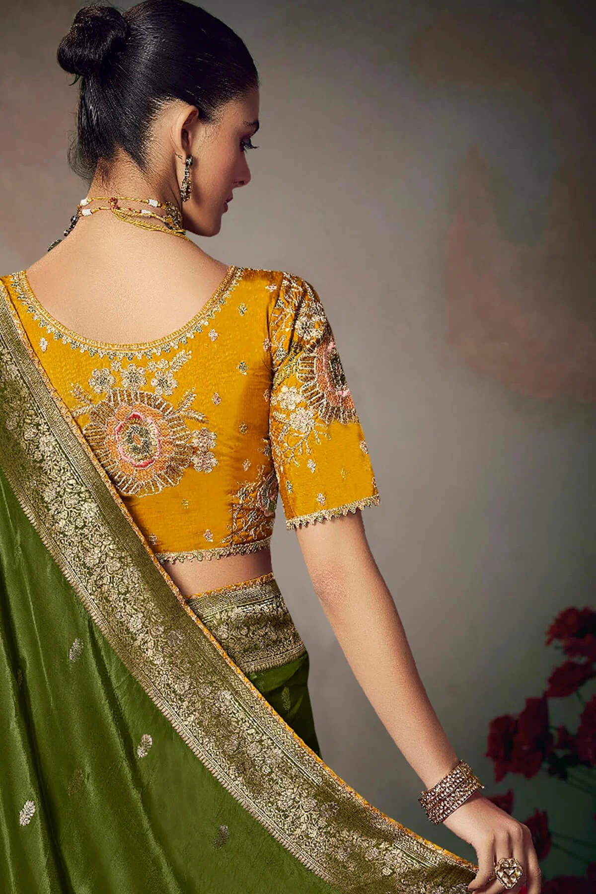 Majestic Dark Green Banarasi Silk Saree With Embroidery Blouse Piece - Image 3
