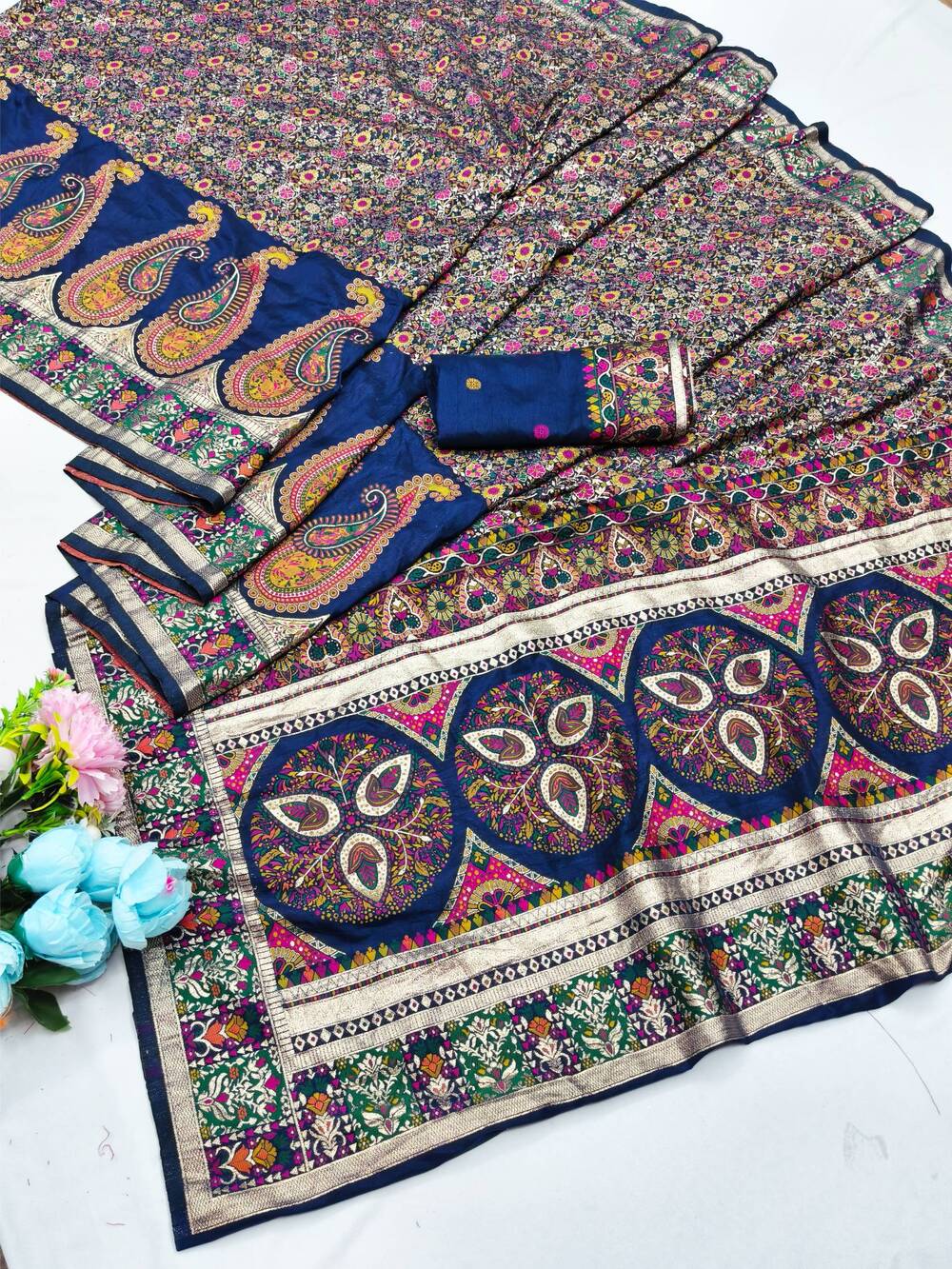 Majestic Navy Blue Nylon Dola Pashmina Saree With Angelic Blouse Piece - Image 5