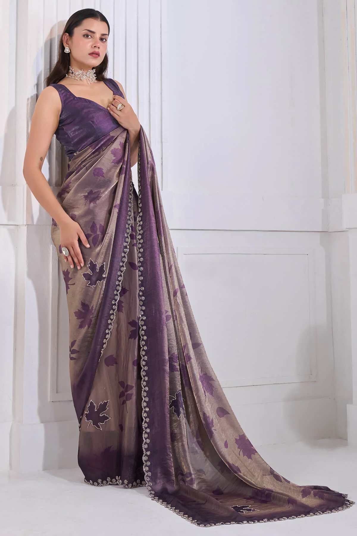 Majestic Purple Jarkan Work Fandy Silk Saree - Image 3