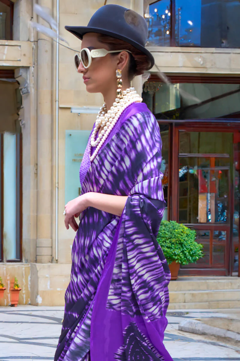 Majestic Royal Purple Digital Printed Satin Silk Saree With Imaginative Blouse Piece - Image 2