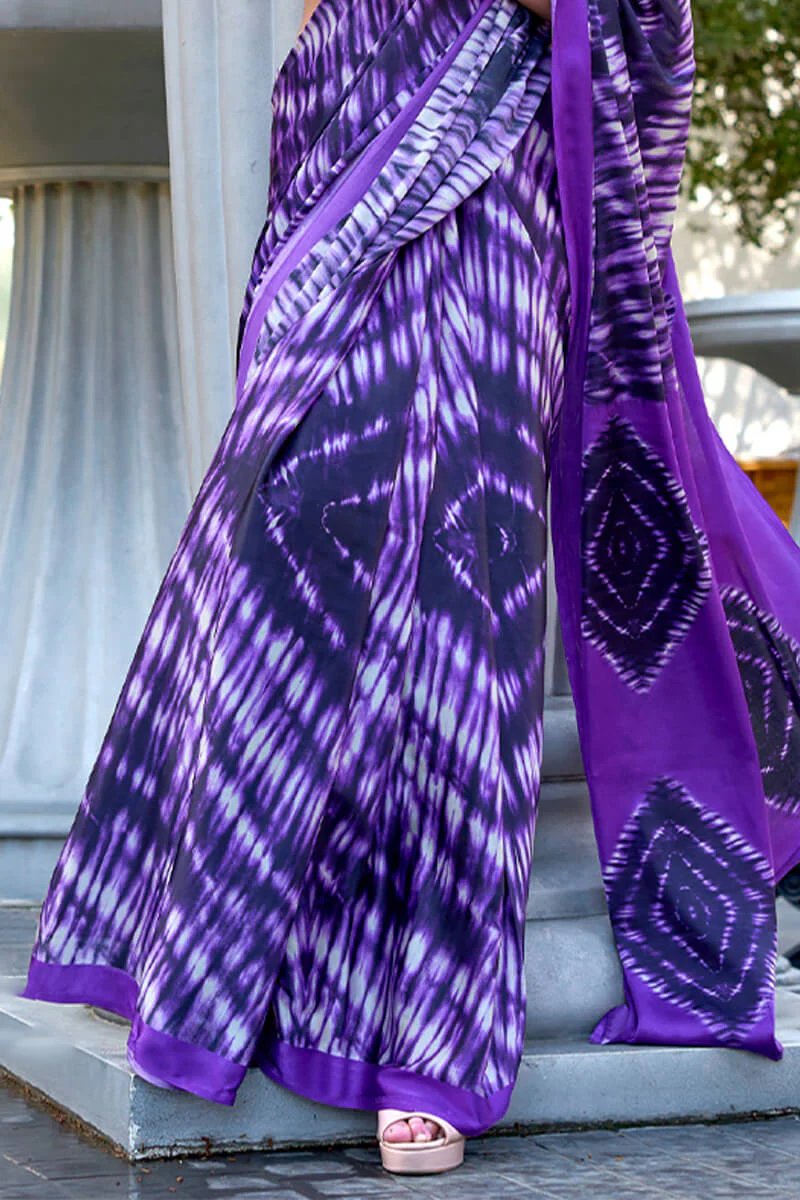 Majestic Royal Purple Digital Printed Satin Silk Saree With Imaginative Blouse Piece - Image 3