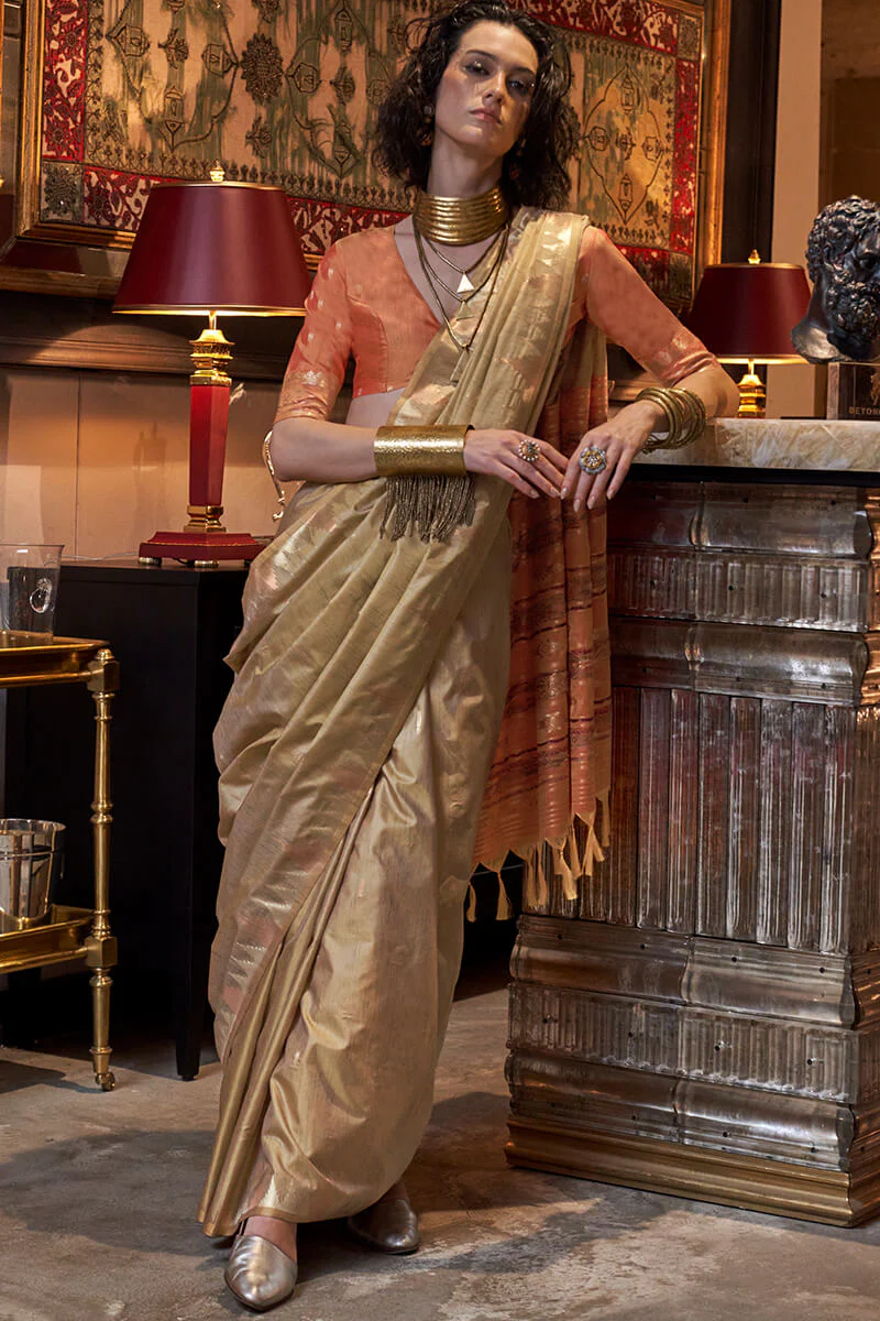Majesty Dark Beige Soft Banarasi Silk Saree With Fairytale Blouse Piece - Image 2