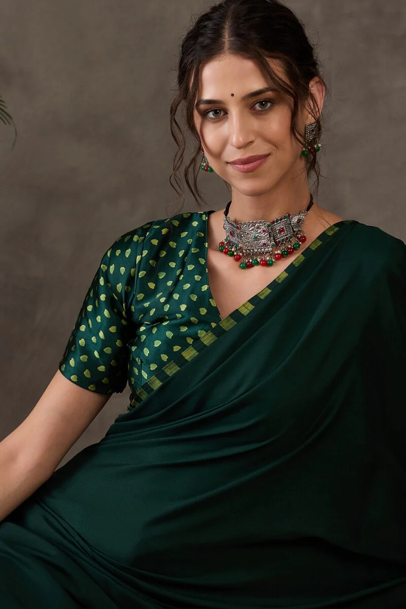 Majesty Dark Green Ajrakh Printed Semi Modal Silk Saree With Outstanding Blouse Piece - Image 2