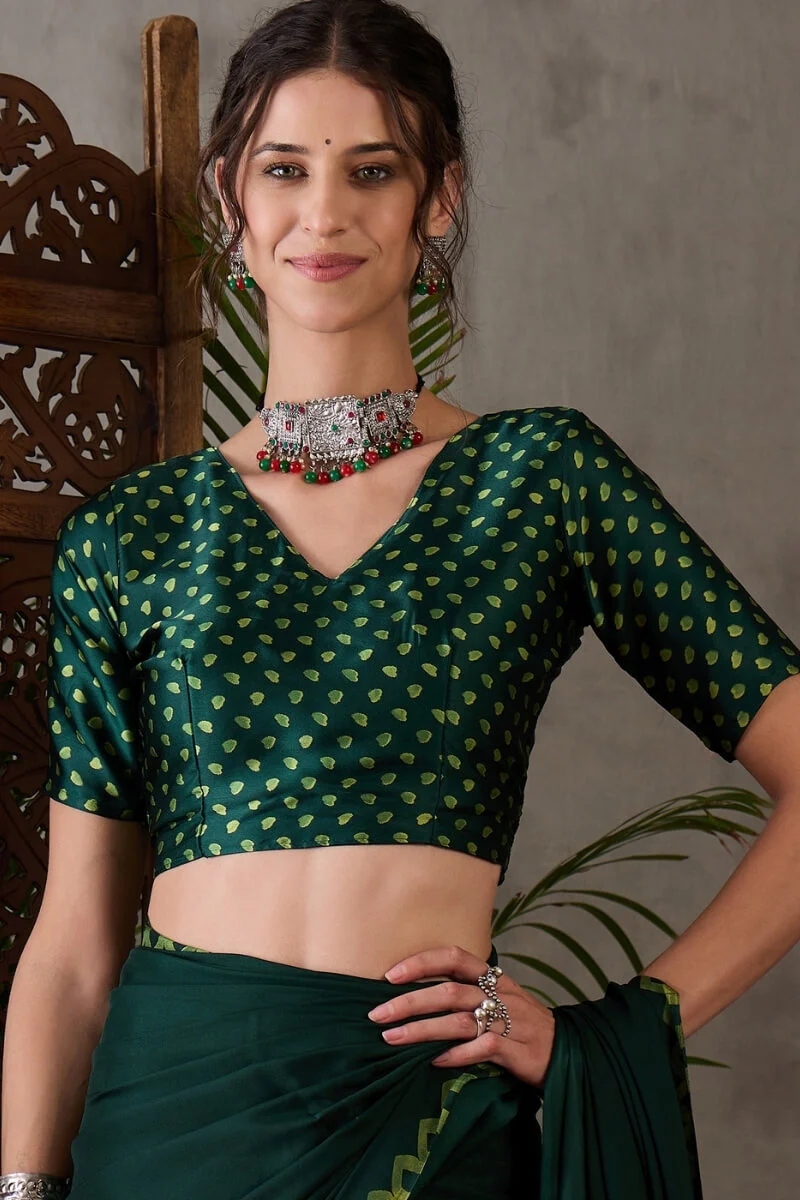 Majesty Dark Green Ajrakh Printed Semi Modal Silk Saree With Outstanding Blouse Piece - Image 4