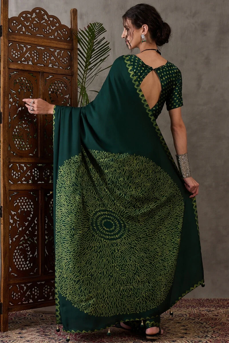 Majesty Dark Green Ajrakh Printed Semi Modal Silk Saree With Outstanding Blouse Piece - Image 7