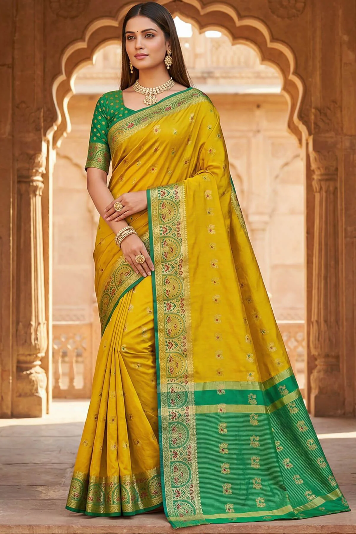 Majesty Mustard Pure Zari Weaving Banarasi Silk Saree With Fancifull Blouse Piece